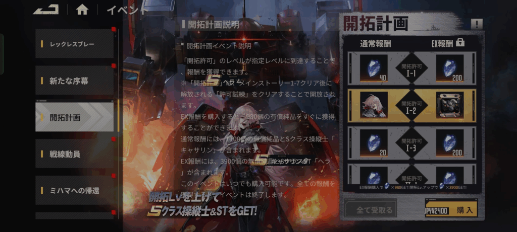 イベントにある開拓許可の進行によって貰える報酬