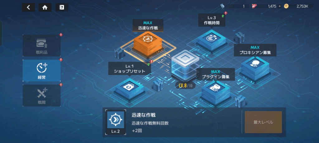 アクティブセンターの経営(迅速な作戦)を選択しています